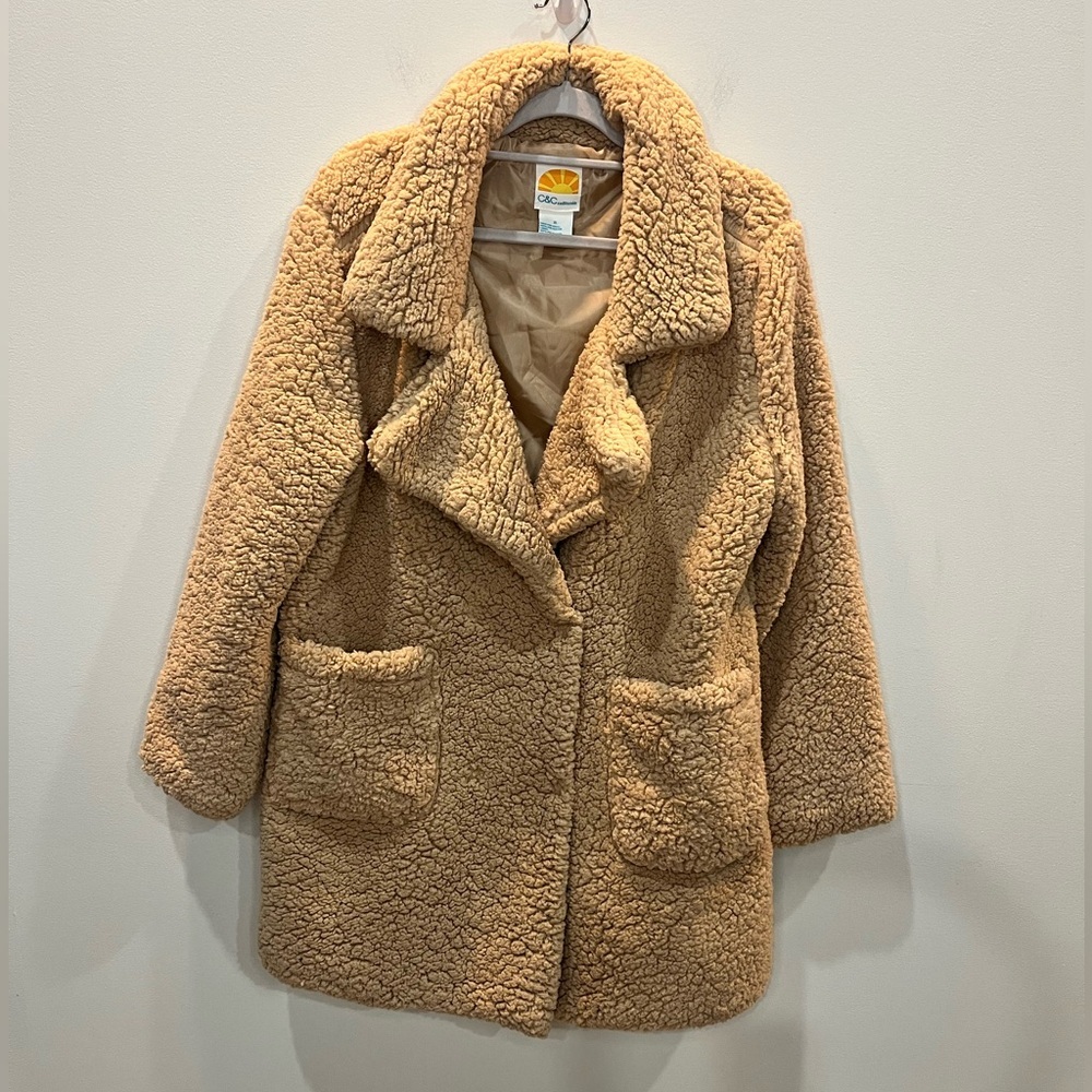 C&C California Teddy Sherpa Coat‎ Women’s Size XL Light Brown Tan Mid Length EUC